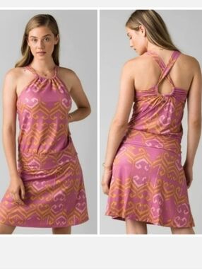 prAna Halter Dress | Size Large | Built-In Bra | Pink & Orange Print